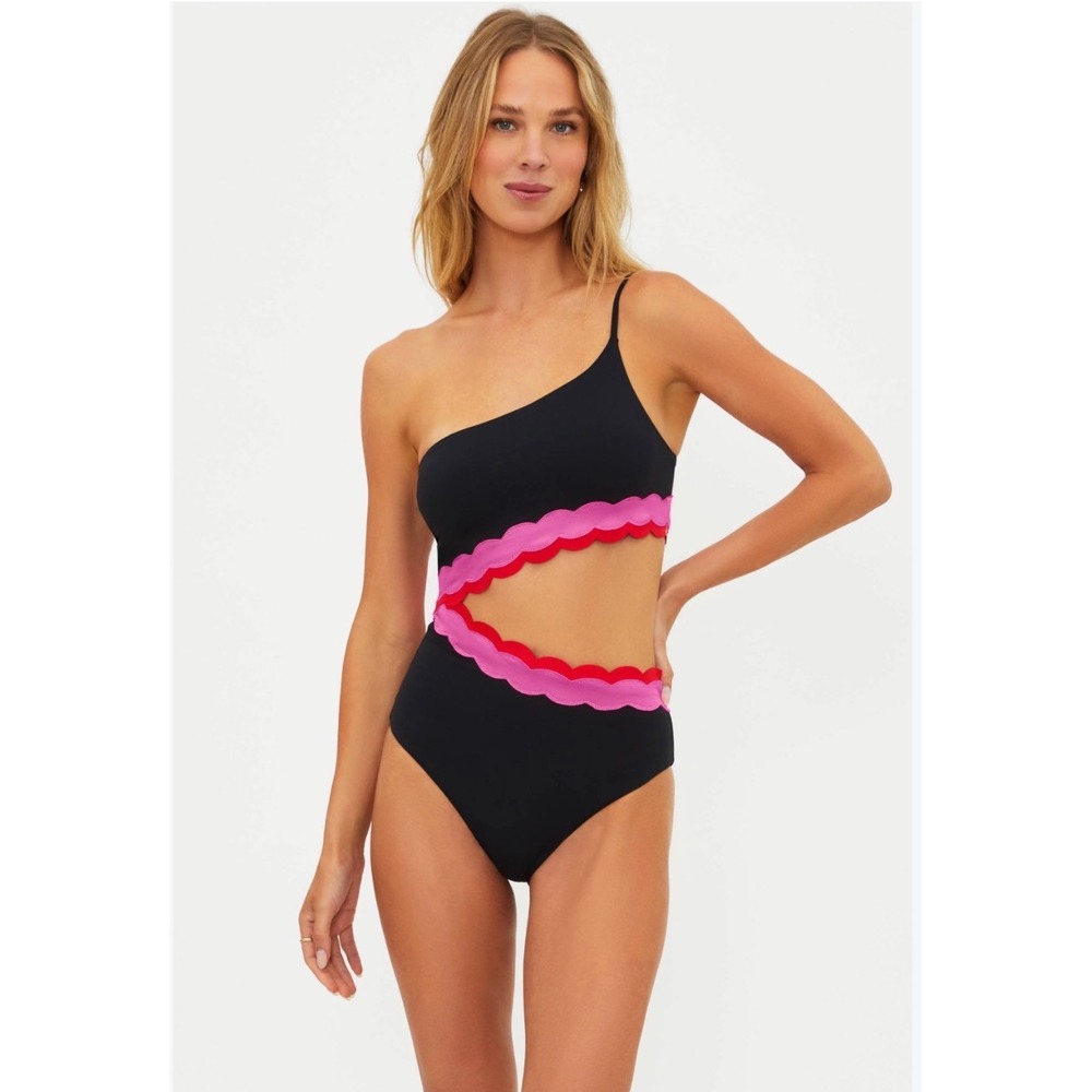 NEW Beach Riot Liora One Piece Swimsuit Electric Wave Scallop Colorblock Black L